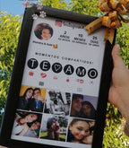 Framed collage with Instagram-themed design and text, held outdoors.