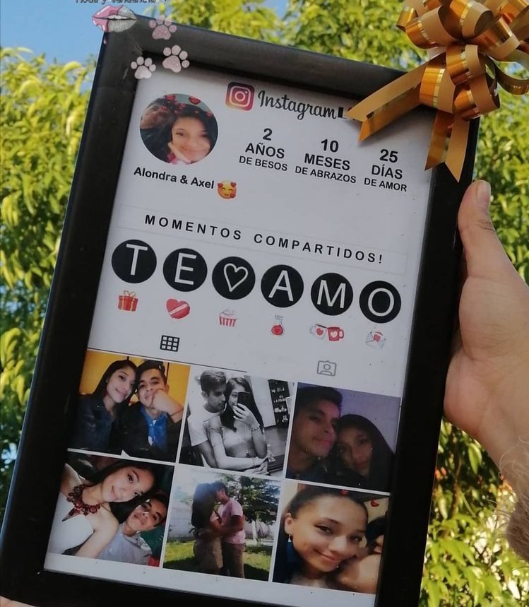 Framed collage with Instagram-themed design and text, held outdoors.