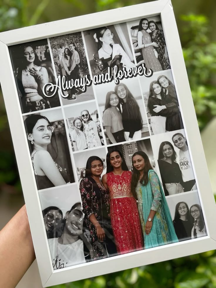 Collage of black and white photos with 'Always and forever' text, held against a green outdoor background.