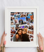 Collage of photos in a white frame held by hands on a light gray background