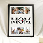 Framed photo collage with 'Mom' text and family photos on a white background