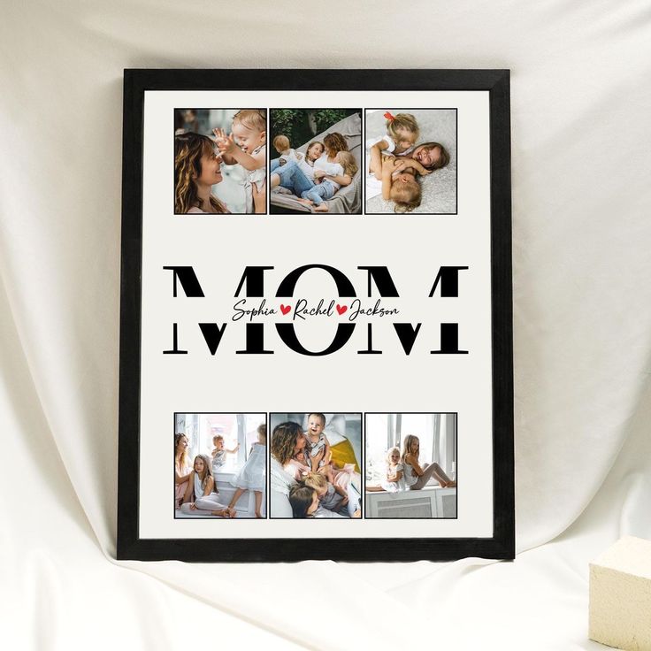 Framed photo collage with 'Mom' text and family photos on a white background