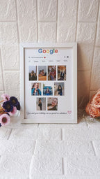 Framed Google-themed collage with photos on a textured white wall.