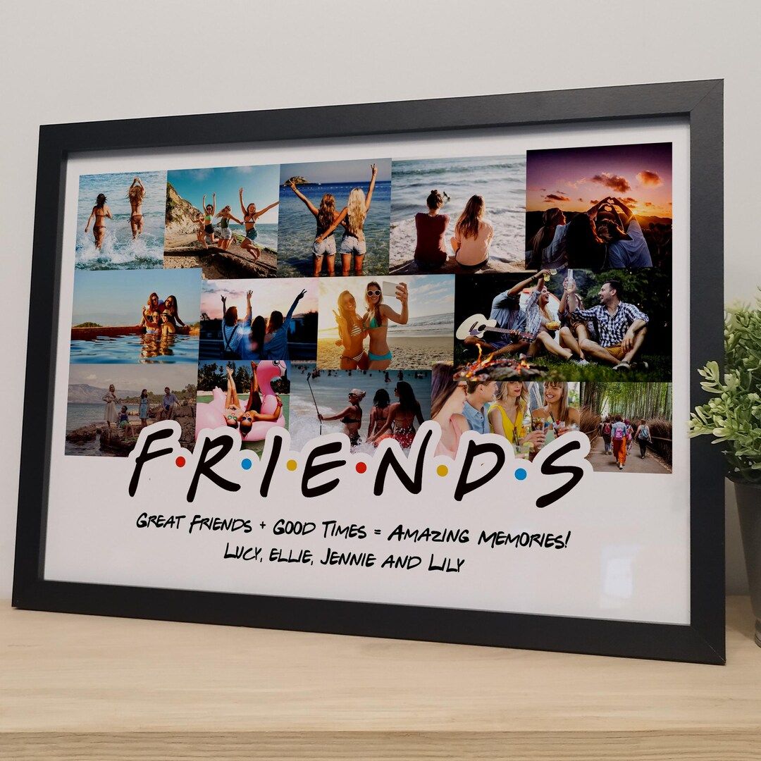 Framed collage of photos with 'Friends' text on a white background