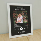 Framed artwork with a couple's photo and music player interface on a black background