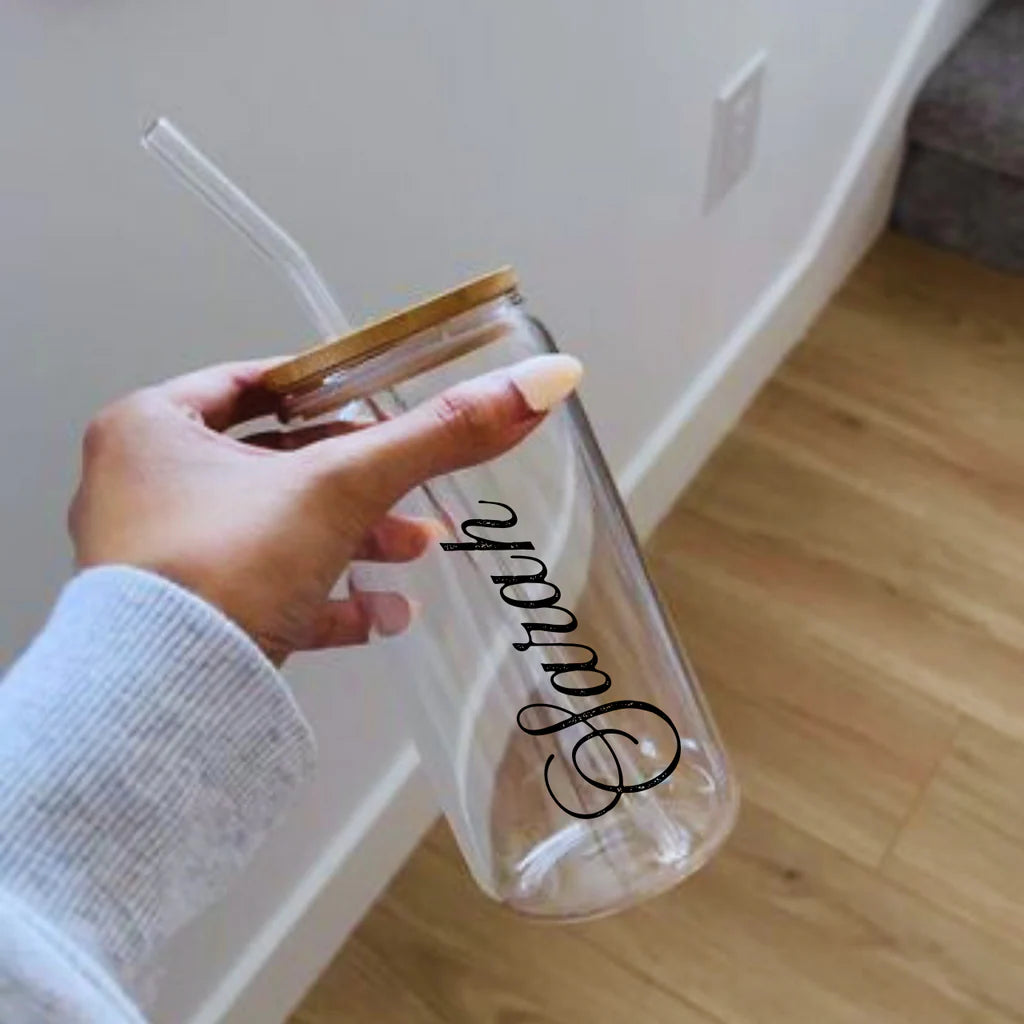 Personalised Glass Tumbler with Bamboo Lid and Straw