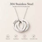 A silver stainless steel pendant necklace with three interlocking circular tags on a chain, shown on a light beige background with text reading '304 Stainless Steel' and feature icons below.