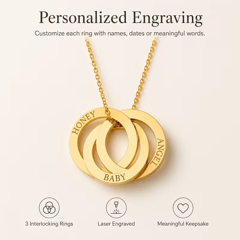 Three interlocking gold rings on a delicate gold chain, shown against a light beige background with promotional text reading 'Personalized Engraving' and feature icons below.