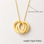 Gold personalized necklace with three interlocking rings engraved with 'HONEY', 'BABY', and 'ANGEL', shown on a white background with a measurement arrow indicating the chain length and text showing the weight as 15g/0.529oz.