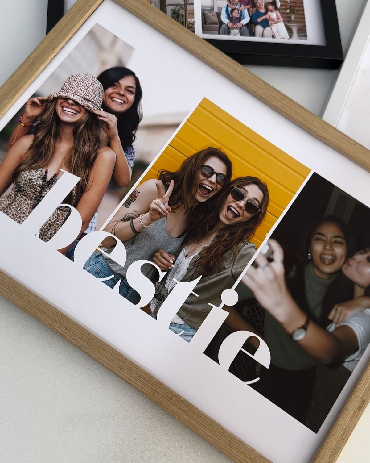 Framed photo collage with 'bestie' text and images of friends posing together.