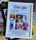 Framed Google search results with images and text on a wooden surface