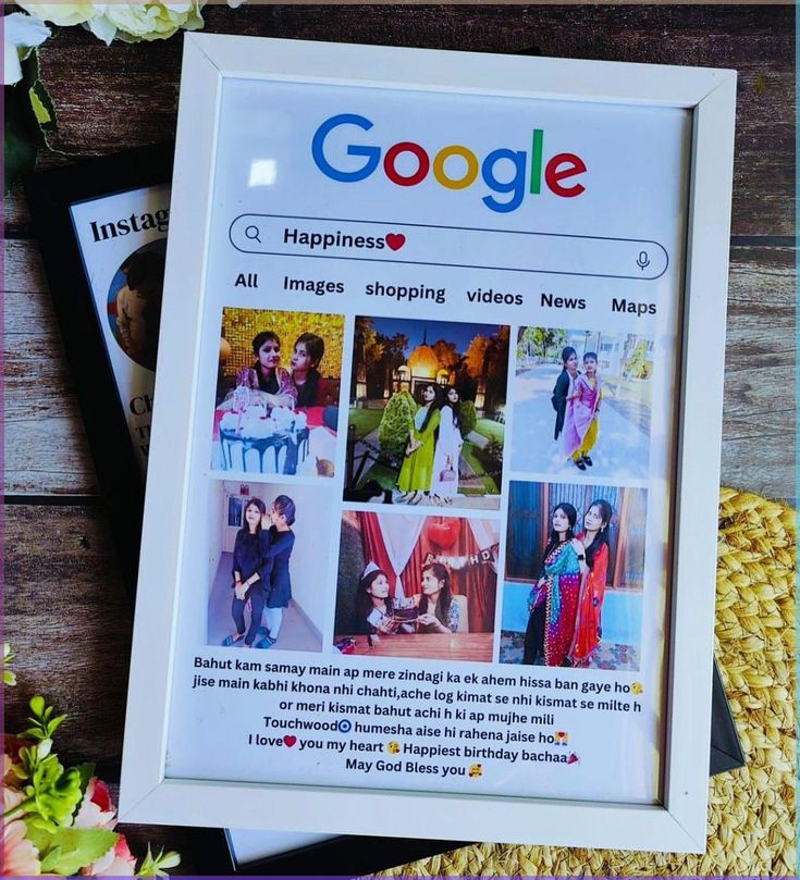 Framed Google search results with images and text on a wooden surface