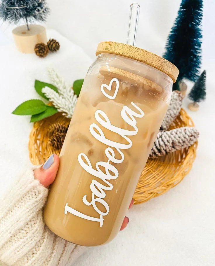 Personalised Glass Tumbler with Bamboo Lid and Straw