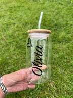 Personalised Glass Tumbler with Bamboo Lid and Straw